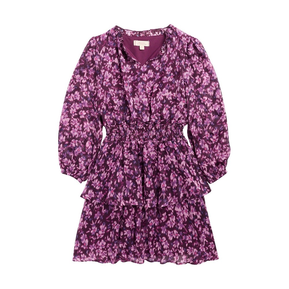 Walking on Sunshine Girls M Purple Floral Plisse Tiered Dress Long Sleeve